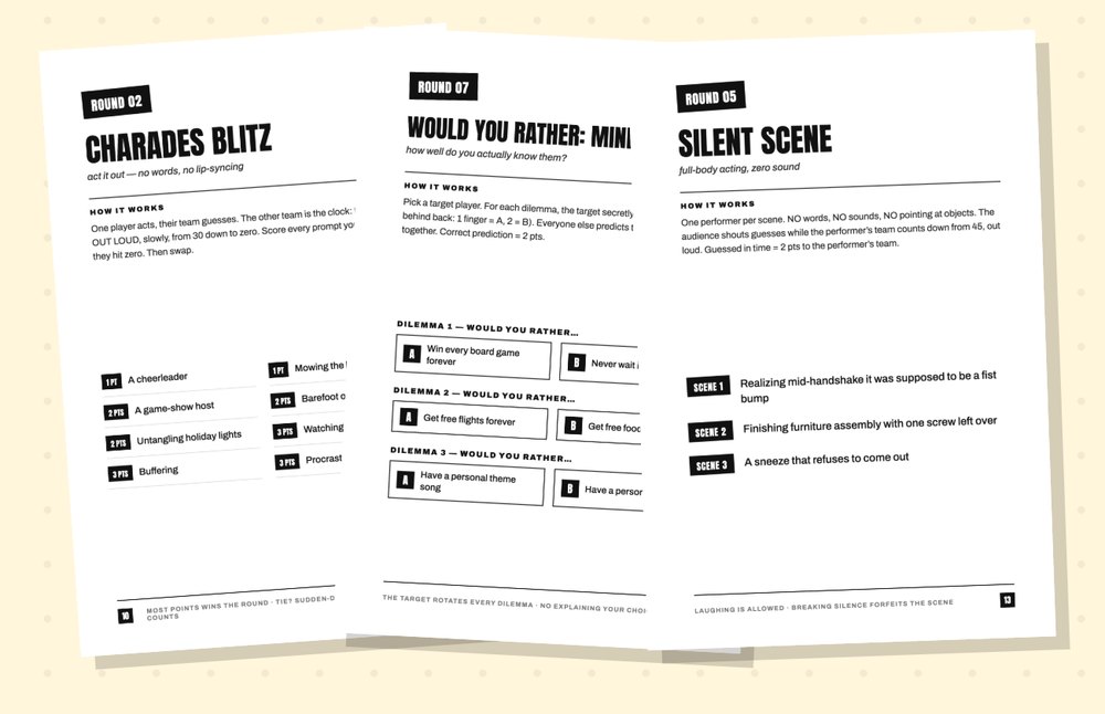 Three spreads from the book showing the Charades Blitz, Would You Rather and Silent Scene rounds